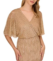 Adrianna Papell Beaded Short Flutter Sleeve V-Neck Blouson Gown