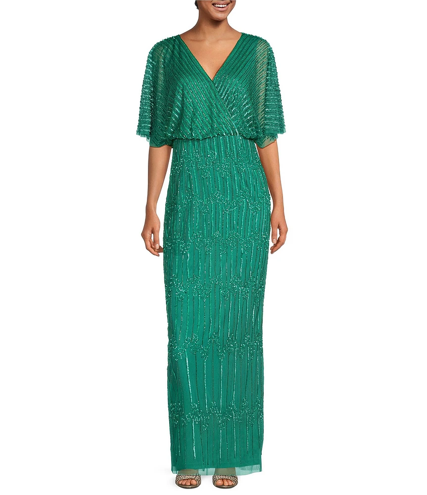 Adrianna Papell Beaded Short Flutter Sleeve V-Neck Blouson Gown