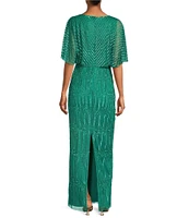 Adrianna Papell Beaded Short Flutter Sleeve V-Neck Blouson Gown