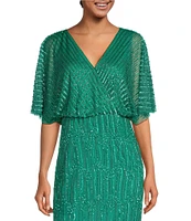 Adrianna Papell Beaded Short Flutter Sleeve V-Neck Blouson Gown