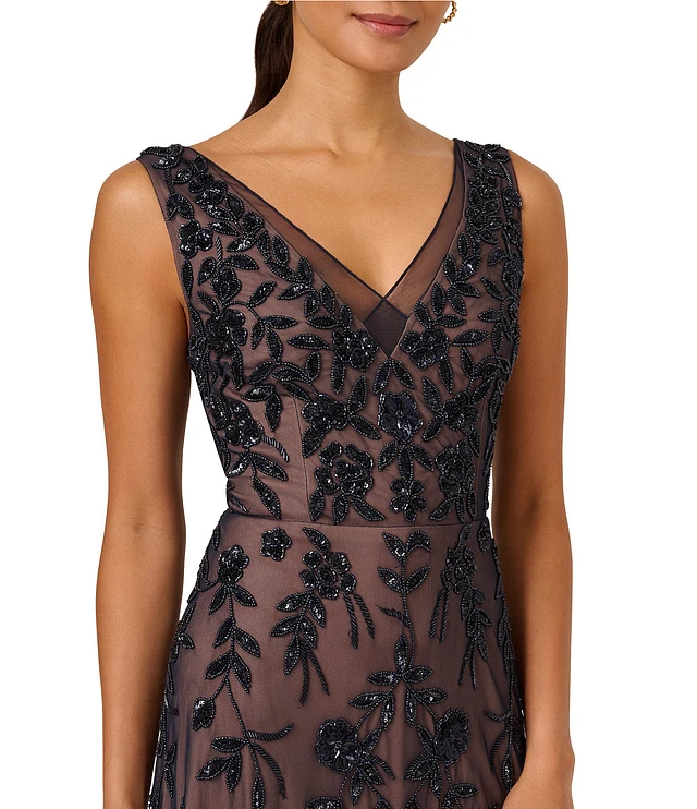 adrianna papell women's v-neck beaded sleeveless midi dress Adrianna Papell Petite Sleeveless V-Neck A-Line Midi Dress