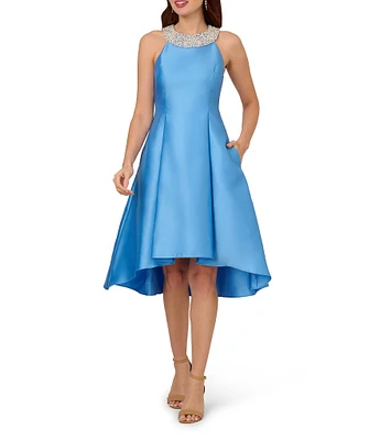 Adrianna Papell Beaded Halter Neck High-Low Hem A-Line Dress