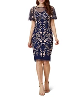 Adrianna Papell Beaded Illusion Boat Neck Short Flutter Sleeve Sheath Dress