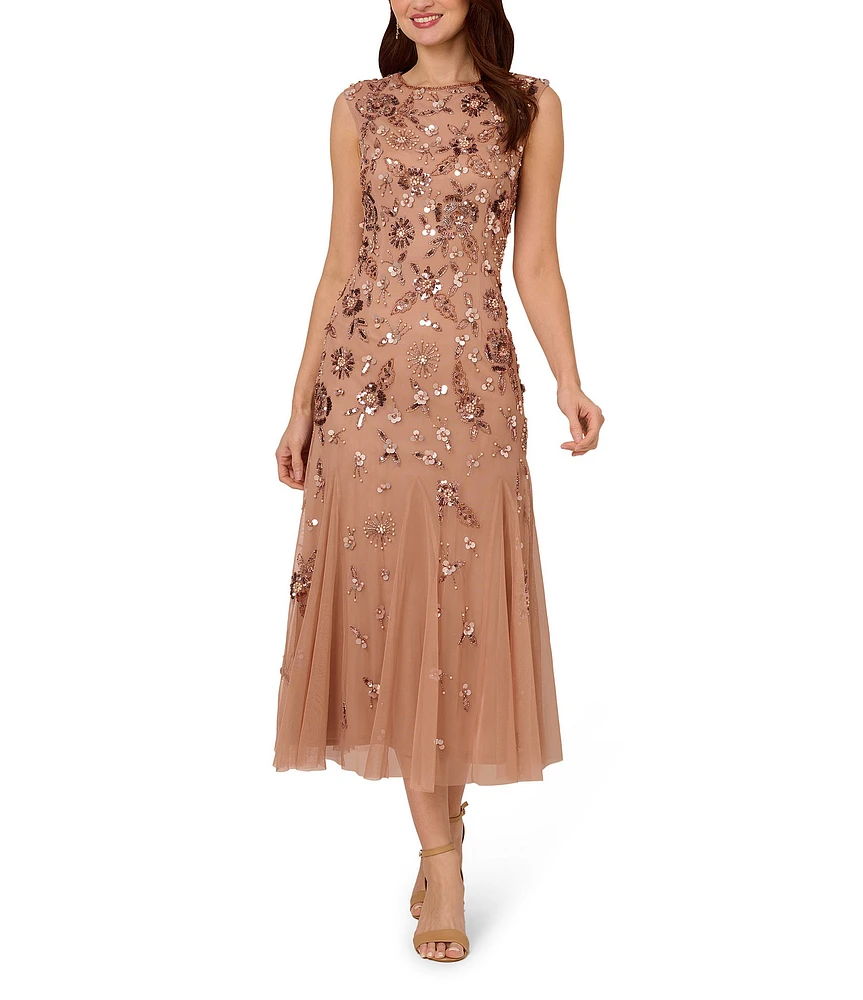 Adrianna Papell Beaded Mesh Boat Neck Cap Sleeve Dress