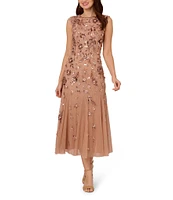 Adrianna Papell Beaded Mesh Boat Neck Cap Sleeve Dress
