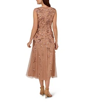 Adrianna Papell Beaded Mesh Boat Neck Cap Sleeve Dress