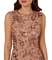 Adrianna Papell Beaded Mesh Boat Neck Cap Sleeve Dress