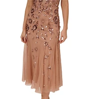 Adrianna Papell Beaded Mesh Boat Neck Cap Sleeve Dress