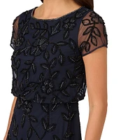 Adrianna Papell Beaded Mesh Boat Neck Short Sleeve Blouson Dress