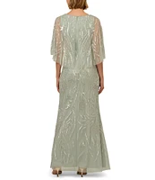 Adrianna Papell Beaded Mesh Boat Neck Sleeveless Cape Detail Mermaid Dress