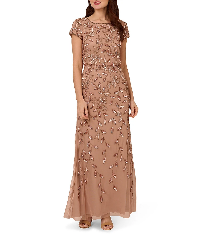 Adrianna Papell Beaded Mesh Crew Neck Short Sleeve Blouson Long Dress