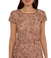 Adrianna Papell Beaded Mesh Crew Neck Short Sleeve Blouson Long Dress