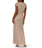 Adrianna Papell Beaded Mesh Crew Neck Short Sleeve Blouson Long Dress