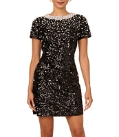 Adrianna by Adrianna Papell Beaded Mesh Crew Neck Short Sleeve Mini Dress