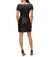 Adrianna by Adrianna Papell Beaded Mesh Crew Neck Short Sleeve Mini Dress