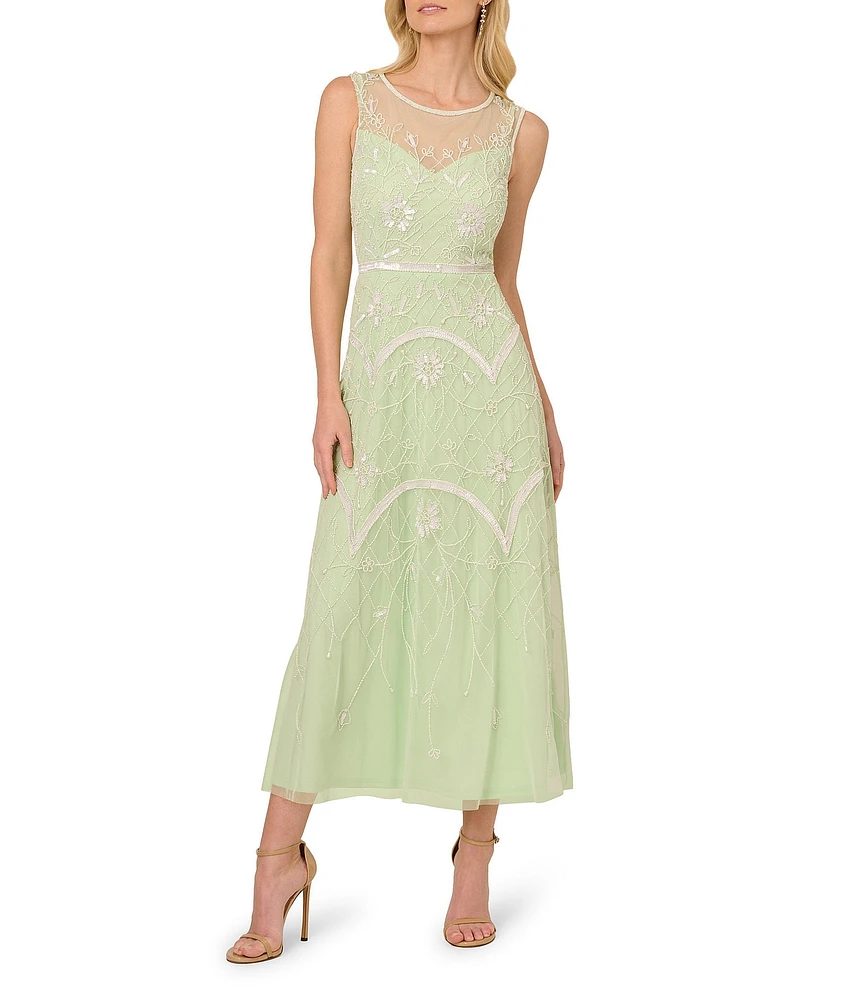 Adrianna Papell Beaded Mesh Crew Neck Sleeveless A-Line Midi Dress