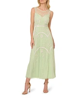 Adrianna Papell Beaded Mesh Crew Neck Sleeveless A-Line Midi Dress