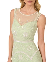 Adrianna Papell Beaded Mesh Crew Neck Sleeveless A-Line Midi Dress