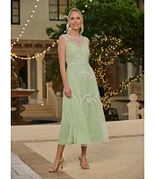 Adrianna Papell Beaded Mesh Crew Neck Sleeveless A-Line Midi Dress