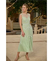 Adrianna Papell Beaded Mesh Crew Neck Sleeveless A-Line Midi Dress