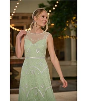 Adrianna Papell Beaded Mesh Crew Neck Sleeveless A-Line Midi Dress