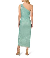 Adrianna Papell Beaded Mesh Floral One Shoulder Neck Sleeveless Sheath Midi Dress