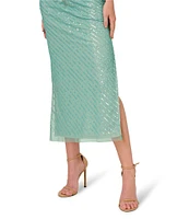 Adrianna Papell Beaded Mesh Floral One Shoulder Neck Sleeveless Sheath Midi Dress