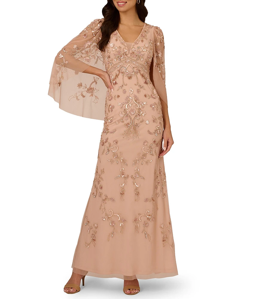 Adrianna Papell Beaded Mesh Floral Print V Neck Long Flutter Sleeve Capelet Long Gown