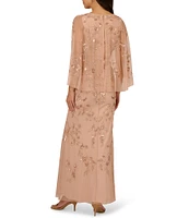 Adrianna Papell Beaded Mesh Floral Print V Neck Long Flutter Sleeve Capelet Long Gown