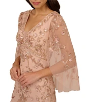 Adrianna Papell Beaded Mesh Floral Print V Neck Long Flutter Sleeve Capelet Long Gown