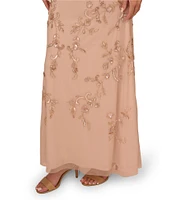 Adrianna Papell Beaded Mesh Floral Print V Neck Long Flutter Sleeve Capelet Long Gown