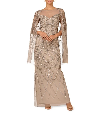 Adrianna Papell Beaded Mesh Illusion Boat Neck Cape Sleeves Sheath Dress