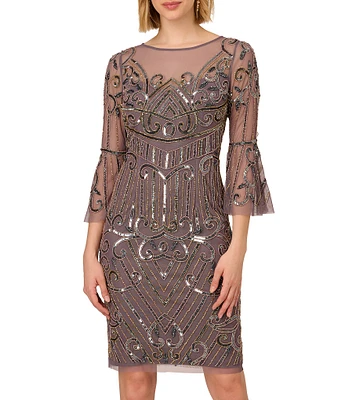 Adrianna Papell Beaded Mesh Pattern Sheath Boat Neck 3/4 Bell Sleeve Dress