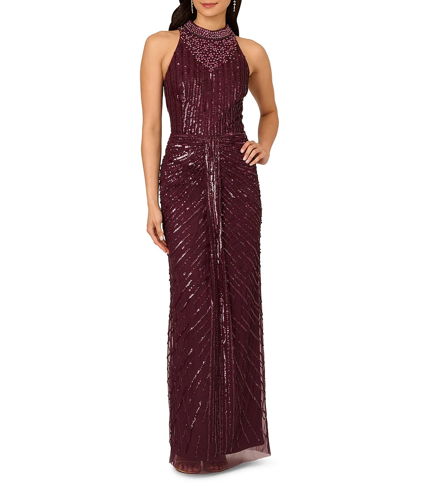 Adrianna Papell Beaded Mesh Sequined Sheath Halter Neck Sleeveless Drape Front Gown