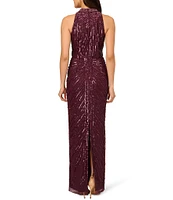 Adrianna Papell Beaded Mesh Sequined Sheath Halter Neck Sleeveless Drape Front Gown