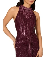 Adrianna Papell Beaded Mesh Sequined Sheath Halter Neck Sleeveless Drape Front Gown