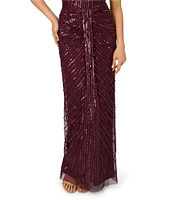 Adrianna Papell Beaded Mesh Sequined Sheath Halter Neck Sleeveless Drape Front Gown