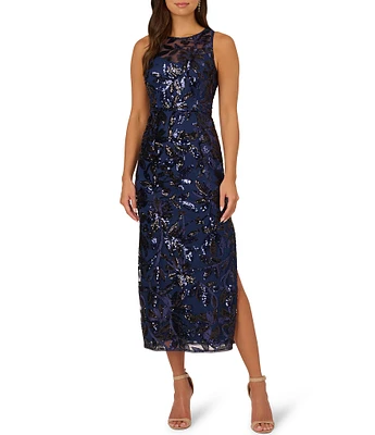 Adrianna Papell Beaded Mesh Sheath Halter Neck Sleeveless Sequined Leaf Print Gown