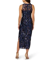 Adrianna Papell Beaded Mesh Sheath Halter Neck Sleeveless Sequined Leaf Print Gown