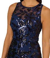 Adrianna Papell Beaded Mesh Sheath Halter Neck Sleeveless Sequined Leaf Print Gown