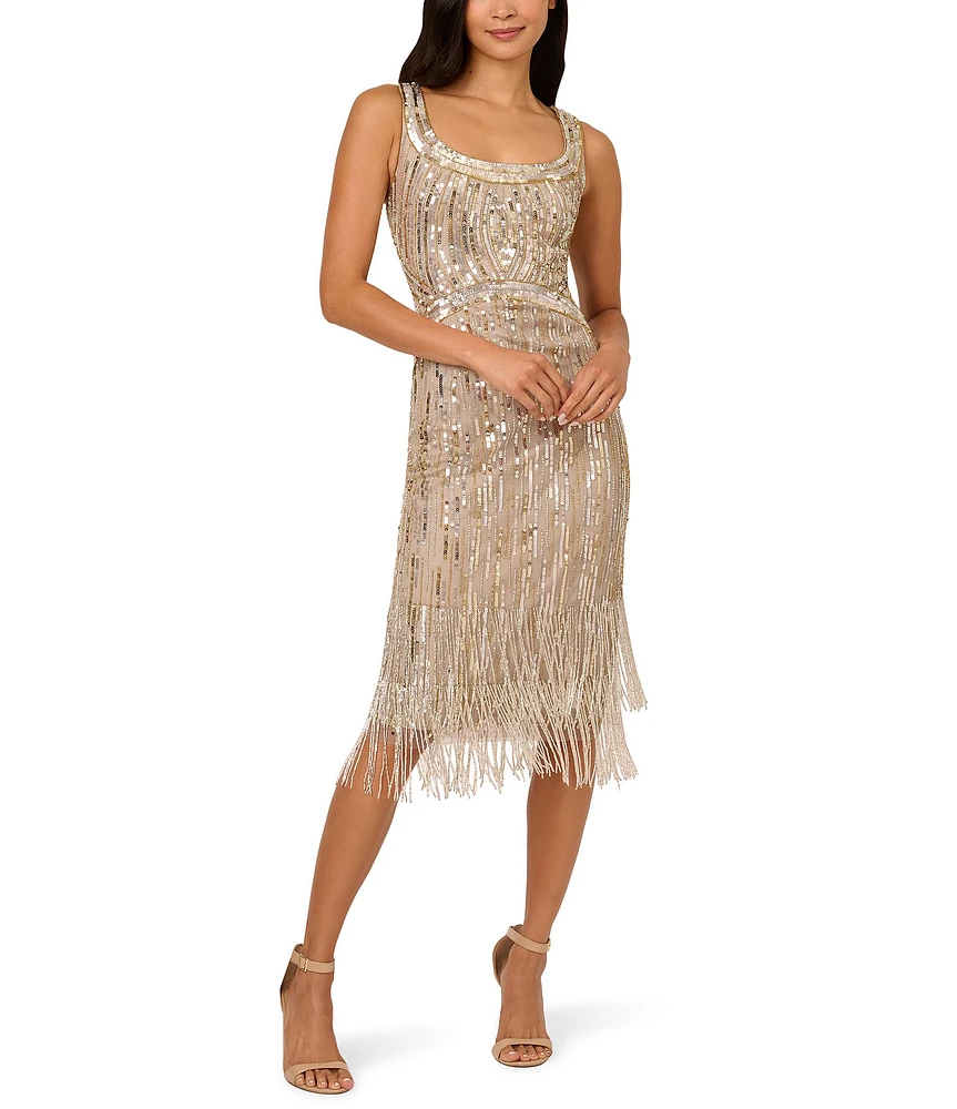 Adrianna Papell Beaded Mesh Square Neck Sleeveless Fringe Hem Sheath Dress