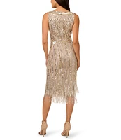 Adrianna Papell Beaded Mesh Square Neck Sleeveless Fringe Hem Sheath Dress