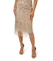 Adrianna Papell Beaded Mesh Square Neck Sleeveless Fringe Hem Sheath Dress