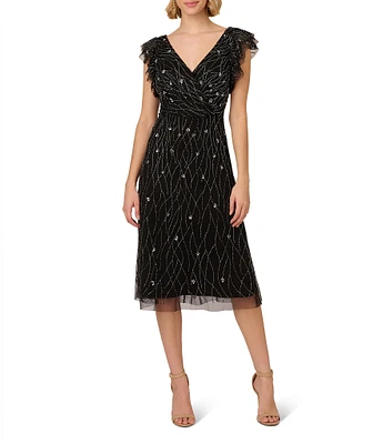 Adrianna Papell Beaded Mesh Surplice V-Neck Flutter Sleeve Dress