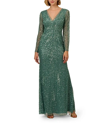 Adrianna Papell Beaded Mesh V-Neck Long Illusion Sleeves Mermaid Dress