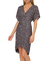 Adrianna by Adrianna Papell Beaded Mesh V-Neck Short Dolman Sleeve High-Low Hem Mini Dress