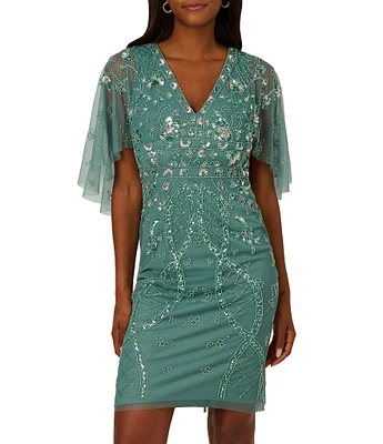 Adrianna Papell Beaded Mesh V Neck Short Flutter Sleeve Sheath Mini Dress
