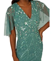 Adrianna Papell Beaded Mesh V Neck Short Flutter Sleeve Sheath Mini Dress