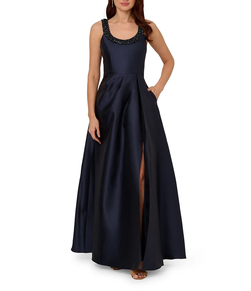 Adrianna Papell Beaded Neck Side Drape Mikado Gown