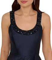 Adrianna Papell Beaded Neck Side Drape Mikado Gown